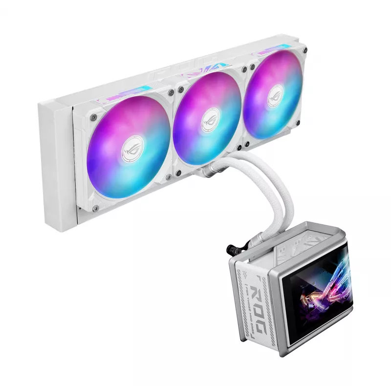 Dissipatore liquido all-in-one ASUS ROG Ryuo IV SLC 360 ARGB White Edition — radiatore da 360 mm, 3 ventole da 120 mm, display AMOLED, supporto per LGA 1700