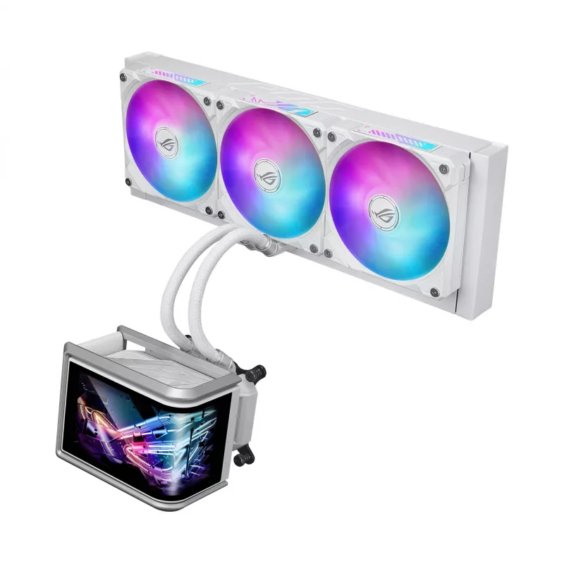 Dissipatore liquido all-in-one ASUS ROG Ryuo IV SLC 360 ARGB White Edition — radiatore da 360 mm, 3 ventole da 120 mm, display AMOLED, supporto per LGA 1700