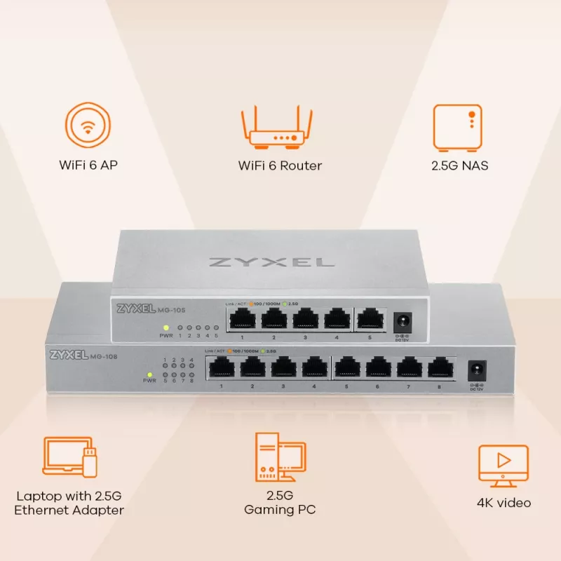 Zyxel MG-105 unmanaged 2.5G Ethernet (100/1000/2500) acciaio