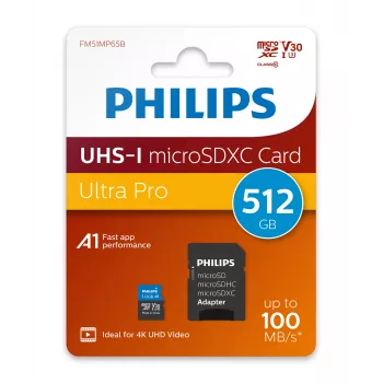 Philips FM51MP65B/00 scheda microSDXC, 512 GB, Class 10, UHS-I U3, incl. adattatore
