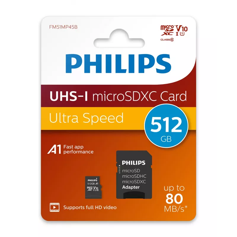 Philips FM51MP45B/00 scheda microSDXC, 512 GB, Class 10, UHS-I U1, incl. adattatore