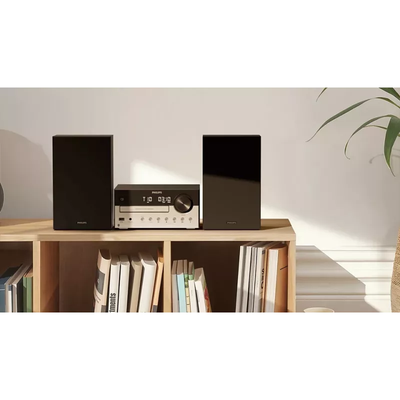 Microsistema audio home Philips TAM4205M2/12 — 80 W RMS, diffusori a 2 vie, Bluetooth, FM, display LED, caricamento disco a cassetto (nero/argento)