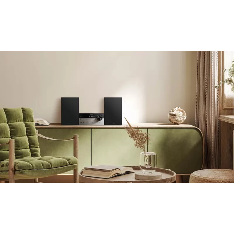 Microsistema audio home Philips TAM4205M2/12 — 80 W RMS, diffusori a 2 vie, Bluetooth, FM, display LED, caricamento disco a cassetto (nero/argento)