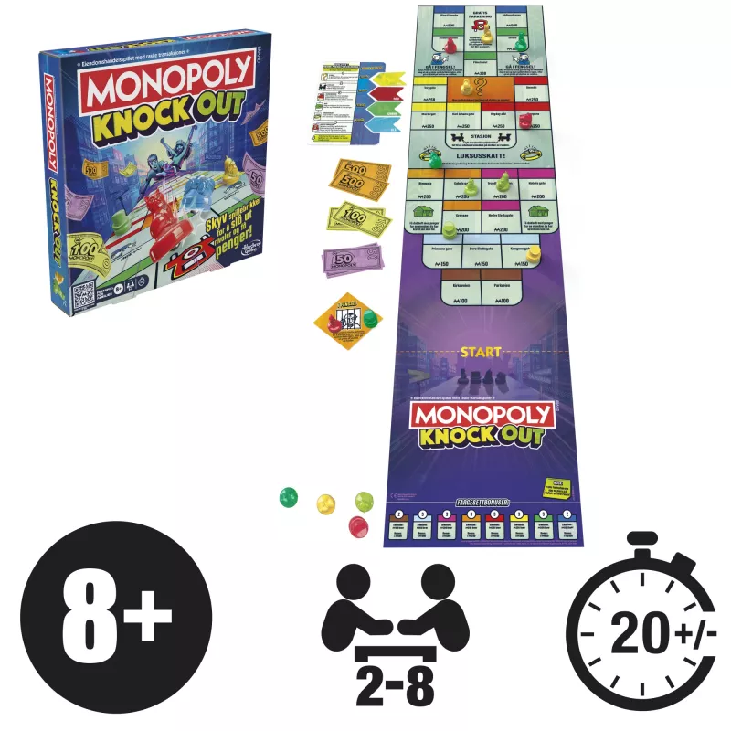 Monopoly Knockout gioco per la famiglia, giochi da tavolo veloci per età 8+, 2–8 giocatori, 20 min.