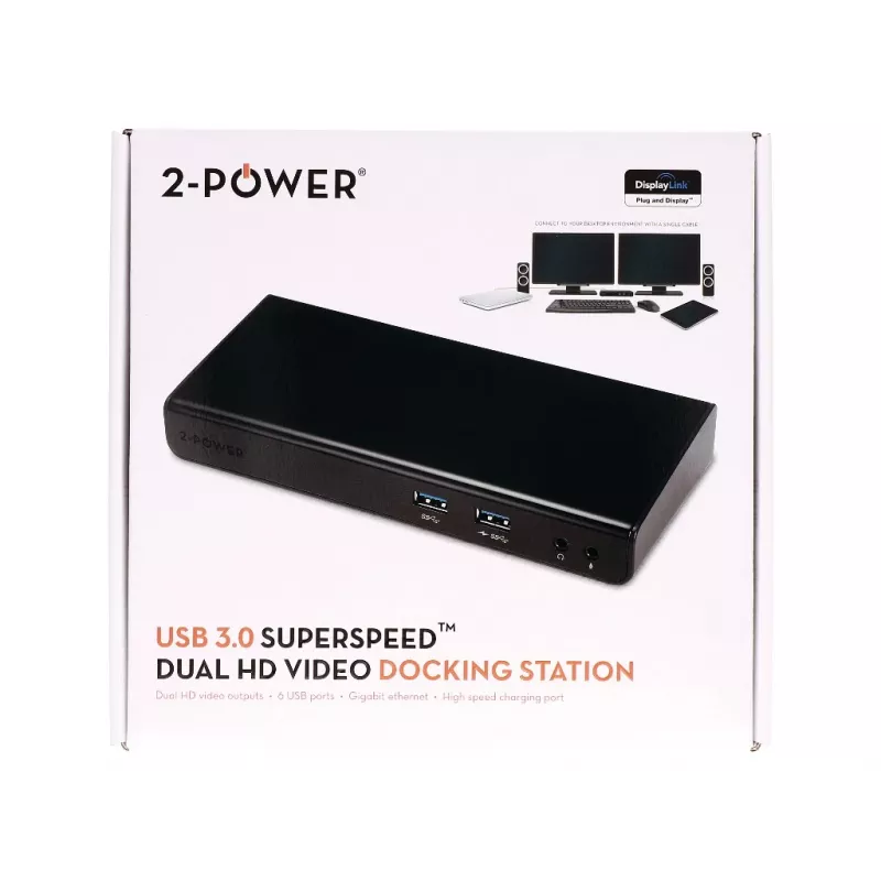 2-Power docking station USB 3.0 Dual Display, docking, 3,5 mm, USB Type-A, USB Type-B, 10,100,1000 Mbit/s, nero, 5 Gbit/s