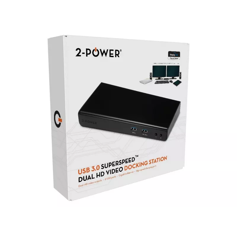 2-Power docking station USB 3.0 Dual Display, docking, 3,5 mm, USB Type-A, USB Type-B, 10,100,1000 Mbit/s, nero, 5 Gbit/s
