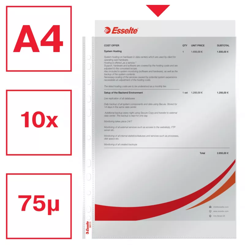 Esselte Pocket 75my A4, 210 x 297 mm (A4), trasparente, polipropilene (PP), verticale, apertura superiore, 0.075 mm