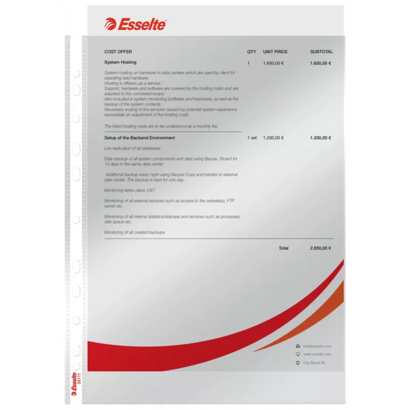 Esselte Pocket 75my A4, 210 x 297 mm (A4), trasparente, polipropilene (PP), verticale, apertura superiore, 0.075 mm