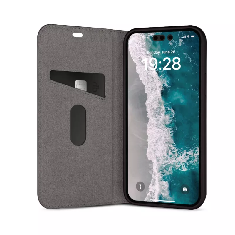Custodia a libro per telefono dbramante1928 Oslo per iPhone 14 Pro Max — nero, 3 vani per carte, supporto da tavolo, compatibile con 6,7