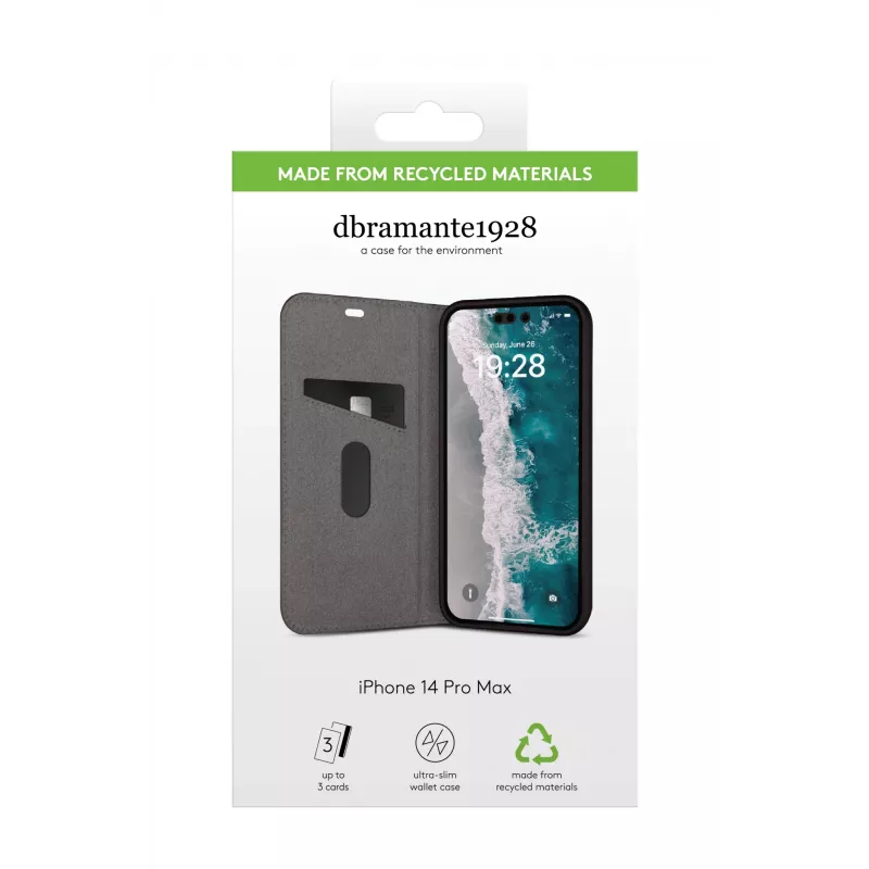 Custodia a libro per telefono dbramante1928 Oslo per iPhone 14 Pro Max — nero, 3 vani per carte, supporto da tavolo, compatibile con 6,7