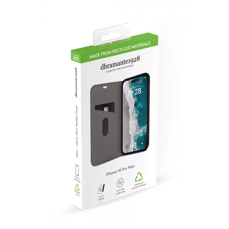 Custodia a libro per telefono dbramante1928 Oslo per iPhone 14 Pro Max — nero, 3 vani per carte, supporto da tavolo, compatibile con 6,7