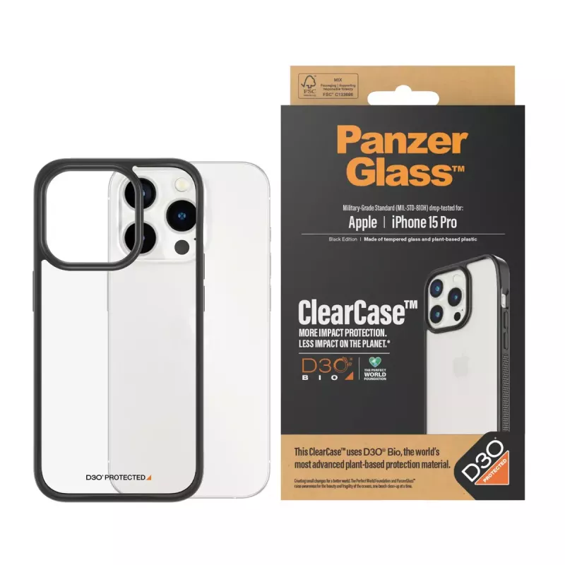 PanzerGlass ® ClearCase trasparente con cornice nera e D3O® per iPhone 15 Pro
