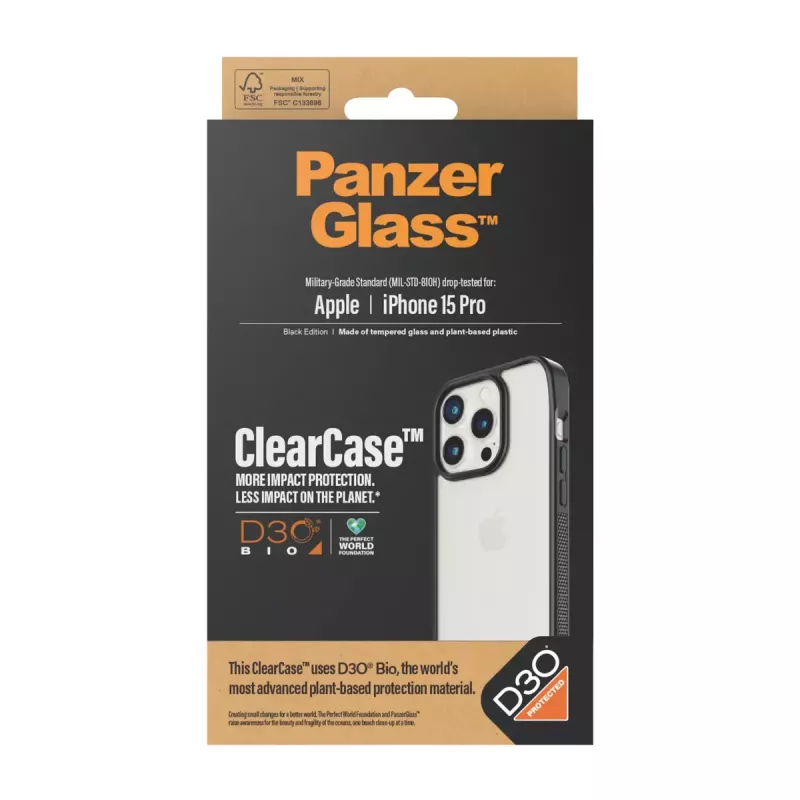 PanzerGlass ® ClearCase trasparente con cornice nera e D3O® per iPhone 15 Pro