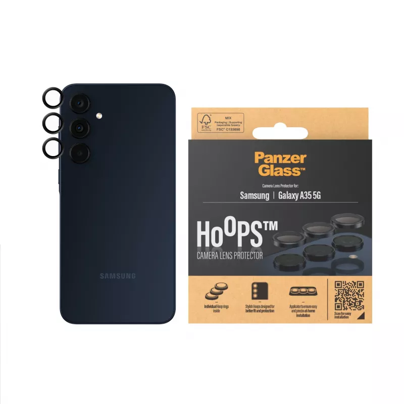 Protezione lenti fotocamera PanzerGlass Hoops per Samsung Galaxy A35 5G, vetro temperato, cornice nera