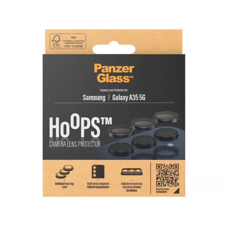 Protezione lenti fotocamera PanzerGlass Hoops per Samsung Galaxy A35 5G, vetro temperato, cornice nera