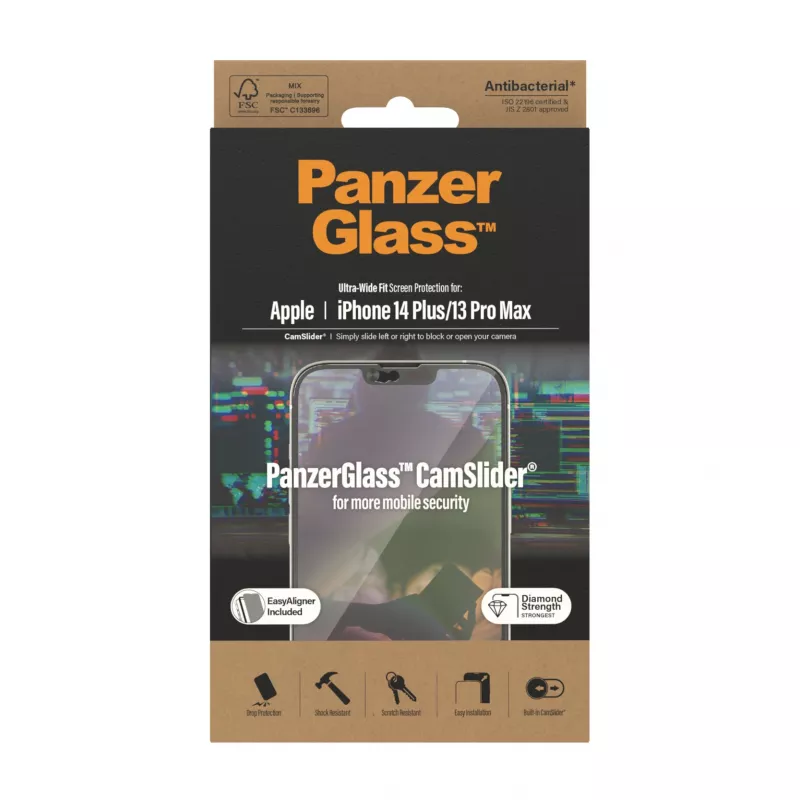Pellicola protettiva display trasparente PanzerGlass CamSlider per Apple iPhone 14 Plus / 13 Pro Max, 6,68 pollici, vetro temperato, PET, antibatterica