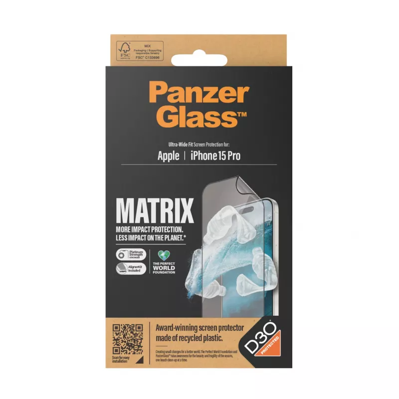 PanzerGlass ® ECO MATRIX pellicola protettiva display con D3O® iPhone 15 Pro | Vestibilità ultra-wide con AlignerKit