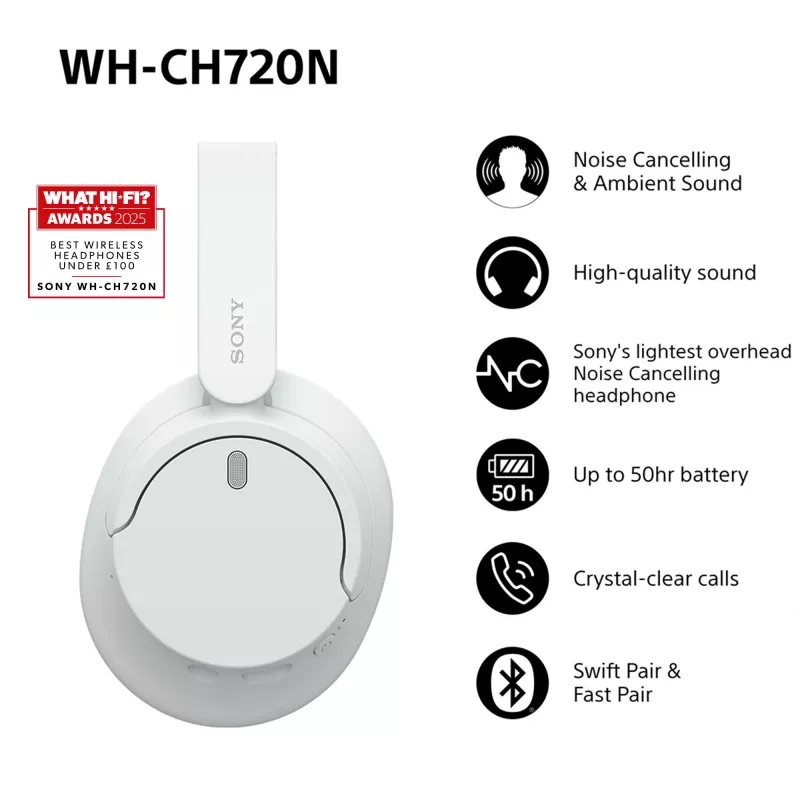 Sony WH-CH720 headset con filo e senza fili archetto chiamate/musica USB Type-C Bluetooth bianco