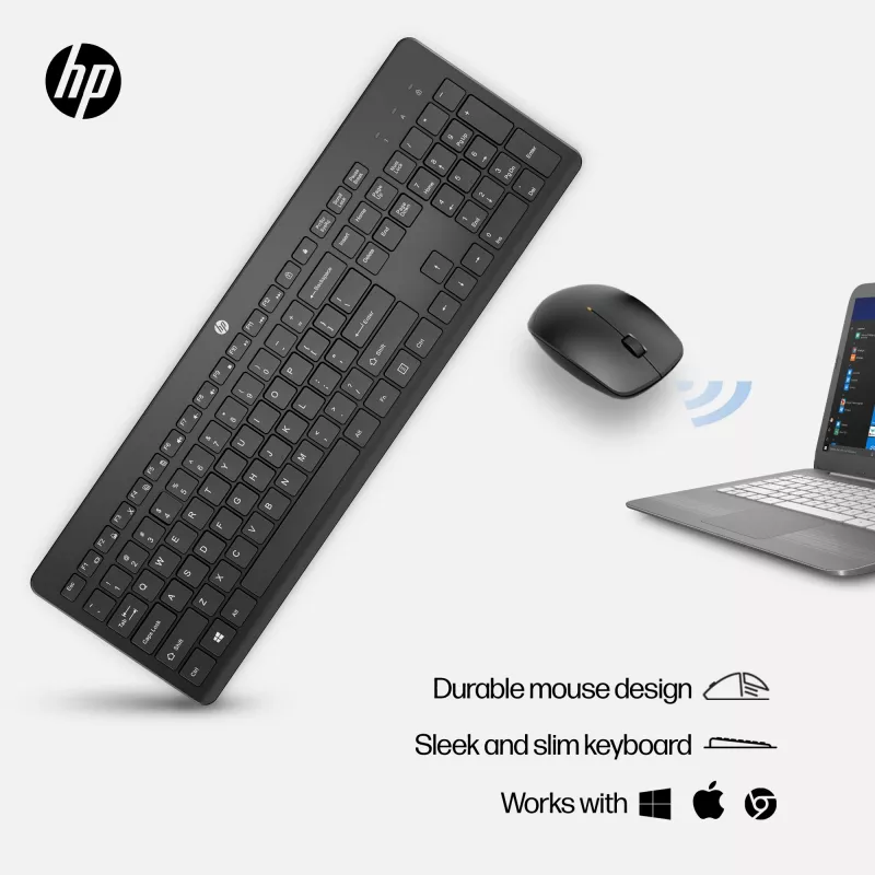 HP 230 combo mouse e tastiera wireless, formato completo (100%), wireless, RF Wireless, a membrana, bianco, mouse incluso