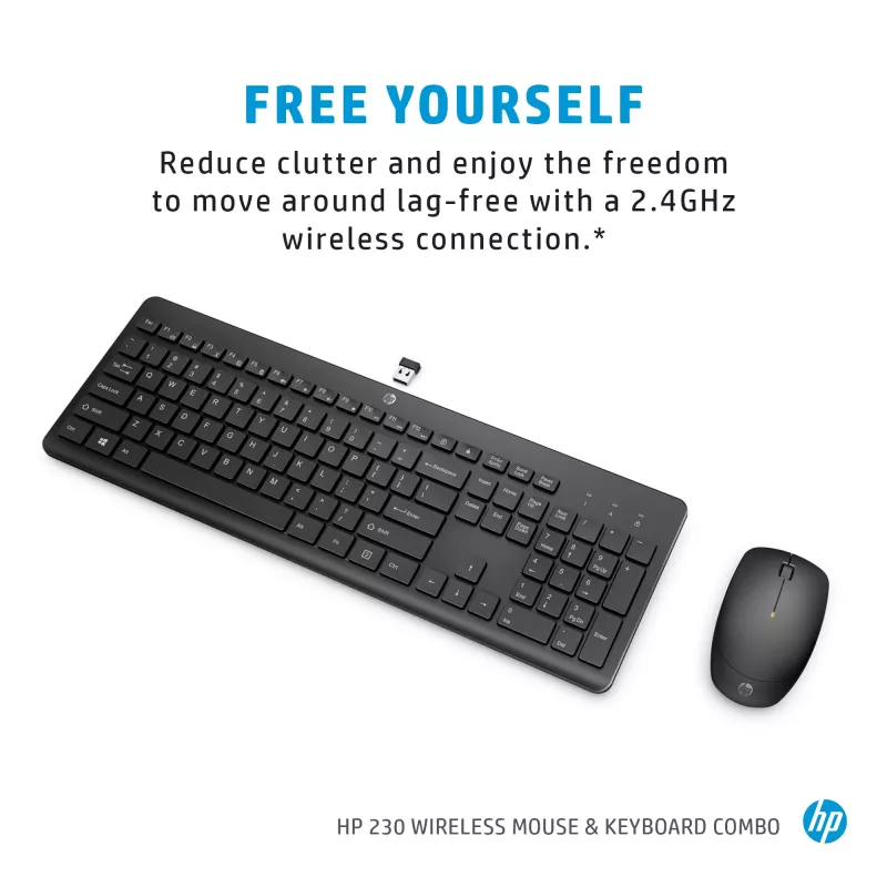 HP 230 combo mouse e tastiera wireless, formato completo (100%), wireless, RF Wireless, a membrana, bianco, mouse incluso