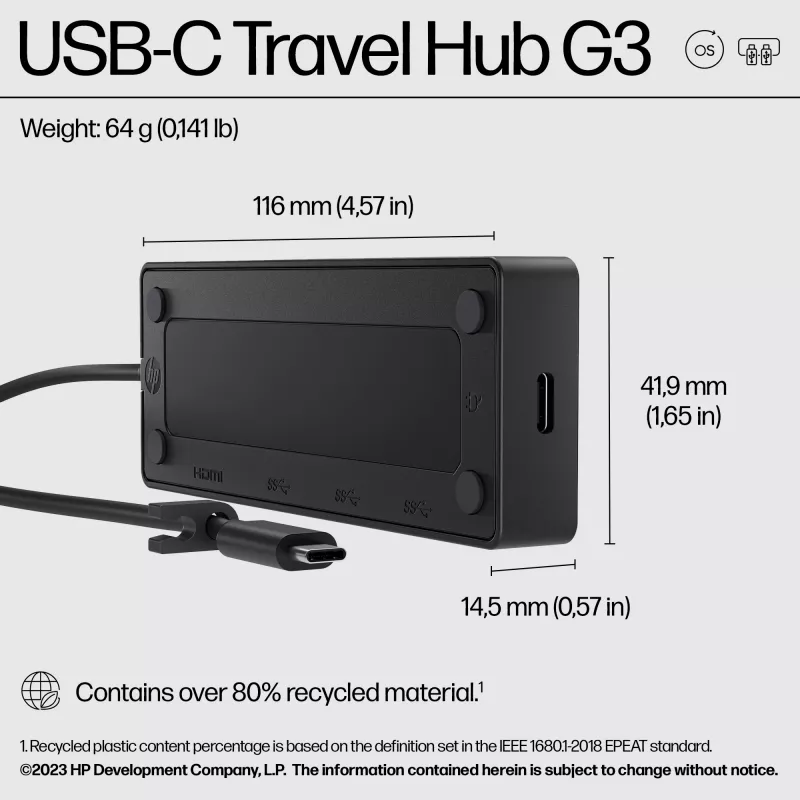 USB-C Travel Hub G3 — HP, host USB 3.2 Gen 2 Type-C, HDMI, USB-A, PD fino a 65 W, 116×41,9×14,5 mm