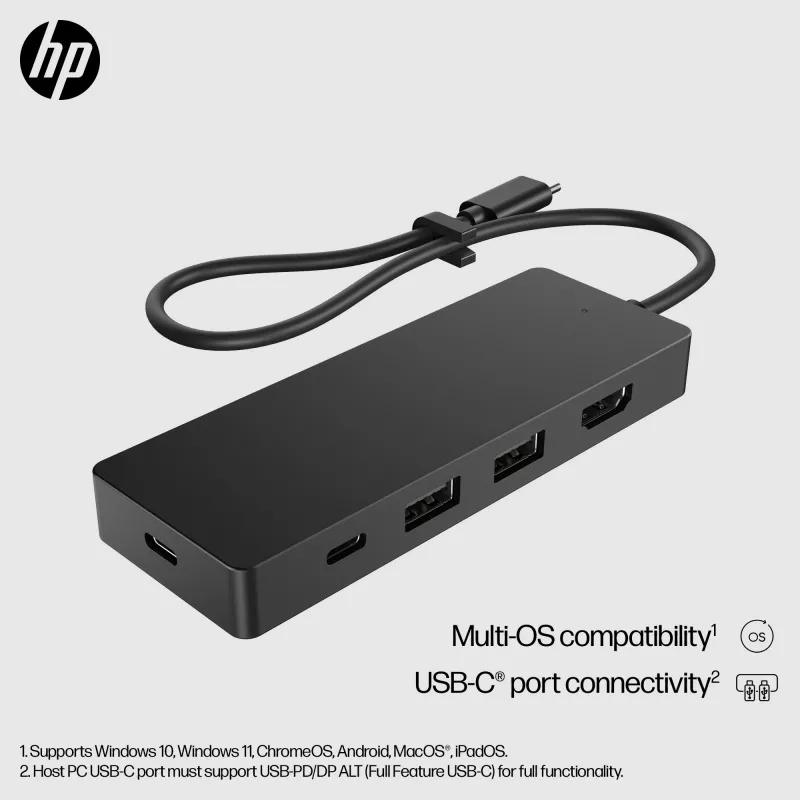 USB-C Travel Hub G3 — HP, host USB 3.2 Gen 2 Type-C, HDMI, USB-A, PD fino a 65 W, 116×41,9×14,5 mm