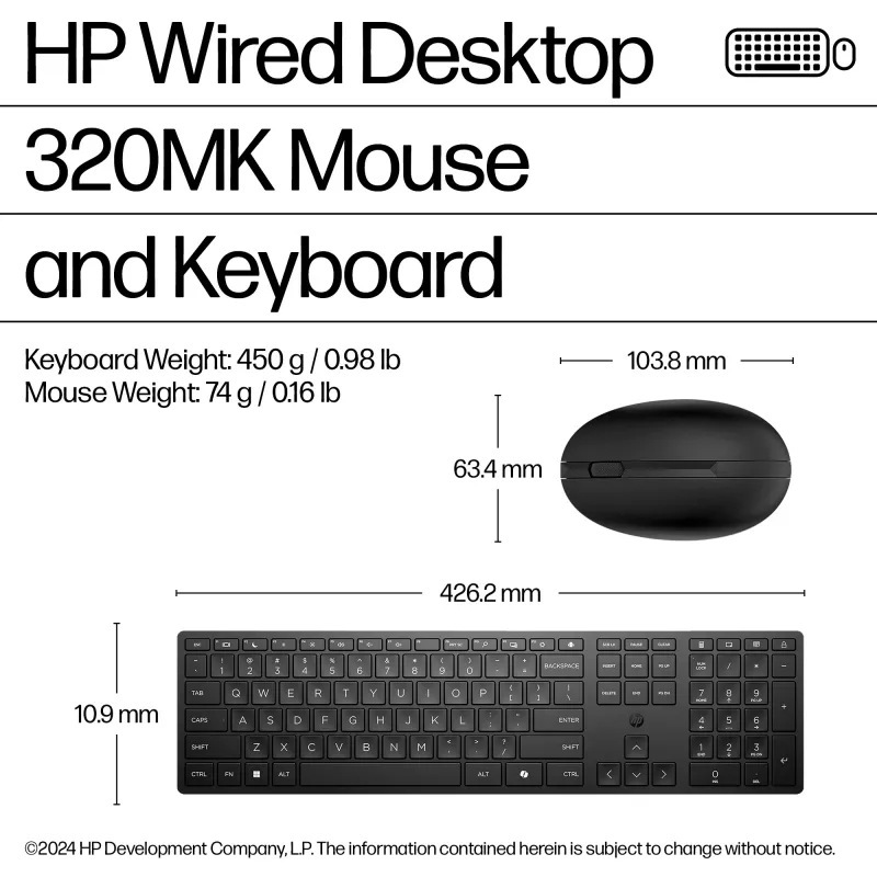 Set tastiera e mouse con filo HP 320MK – USB, tastiera a membrana, nero