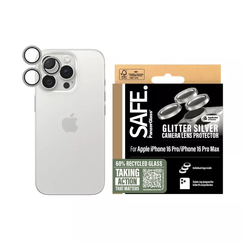 PanzerGlass SAFE. by ® protezione lente fotocamera glitter argento iPhone 16 Pro | 16 Pro Max