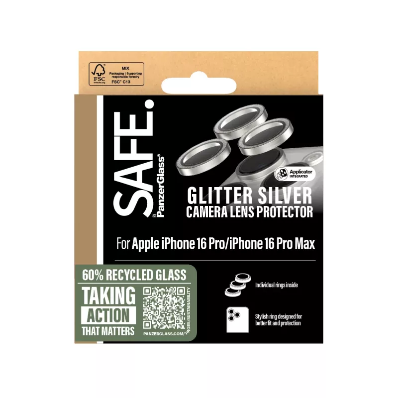 PanzerGlass SAFE. by ® protezione lente fotocamera glitter argento iPhone 16 Pro | 16 Pro Max
