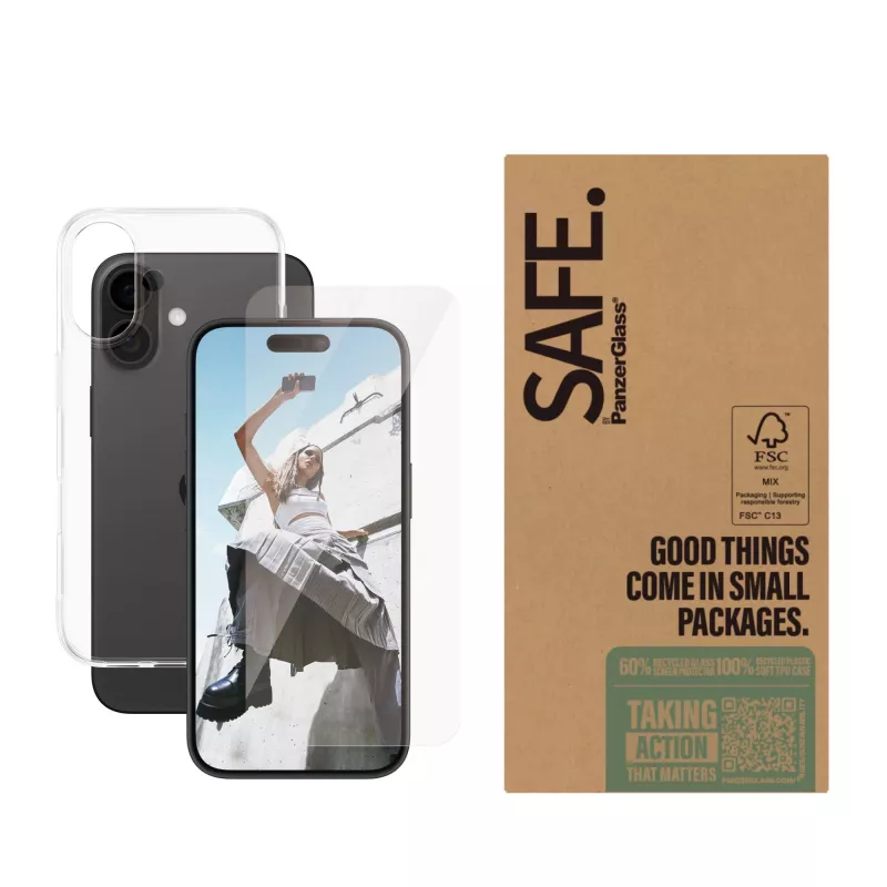 Bundle pellicola protettiva trasparente PanzerGlass SAFE. by ® per iPhone 16 — vetro temperato + PET + silicone, trasparente, 50 pezzi