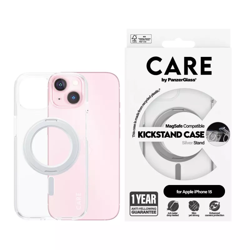 PanzerGlass CARE™ by ® custodia trasparente con kickstand argento e MagSafe iPhone 15