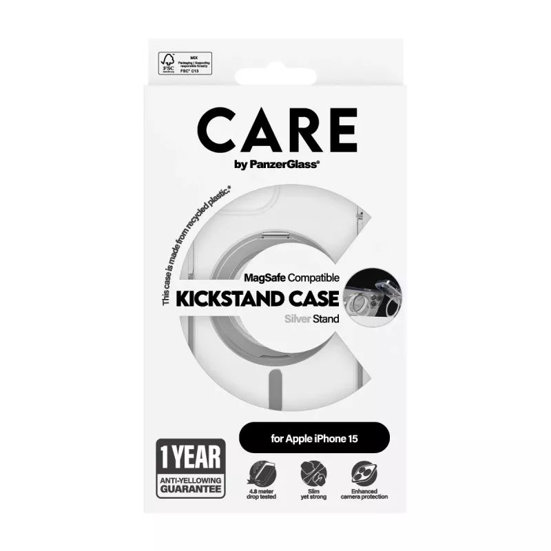 PanzerGlass CARE™ by ® custodia trasparente con kickstand argento e MagSafe iPhone 15