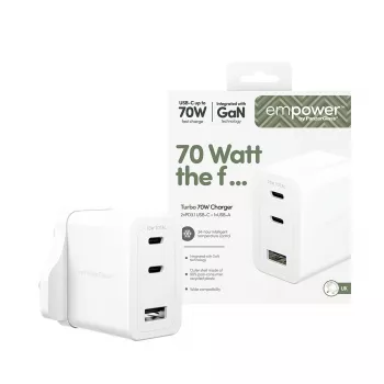 PanzerGlass empower™ by ® Turbo 70W caricabatterie multiplo incl. 2 x USB-C + USB-A | spina UK | bianco argento