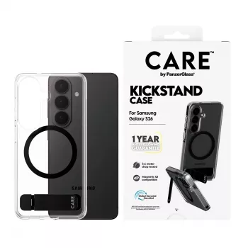 Custodia protettiva PanzerGlass CARE™ Urban Explorer Case per Samsung Galaxy S26, trasparente con supporto nero e supporto Qi