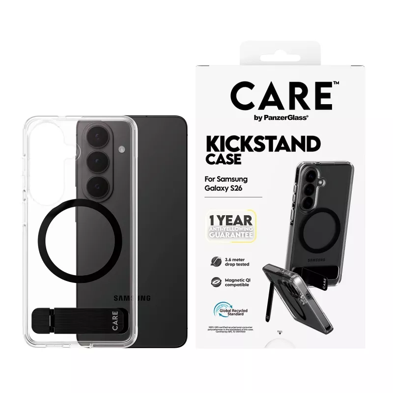 Custodia protettiva PanzerGlass CARE™ Urban Explorer Case per Samsung Galaxy S26, trasparente con supporto nero e supporto Qi