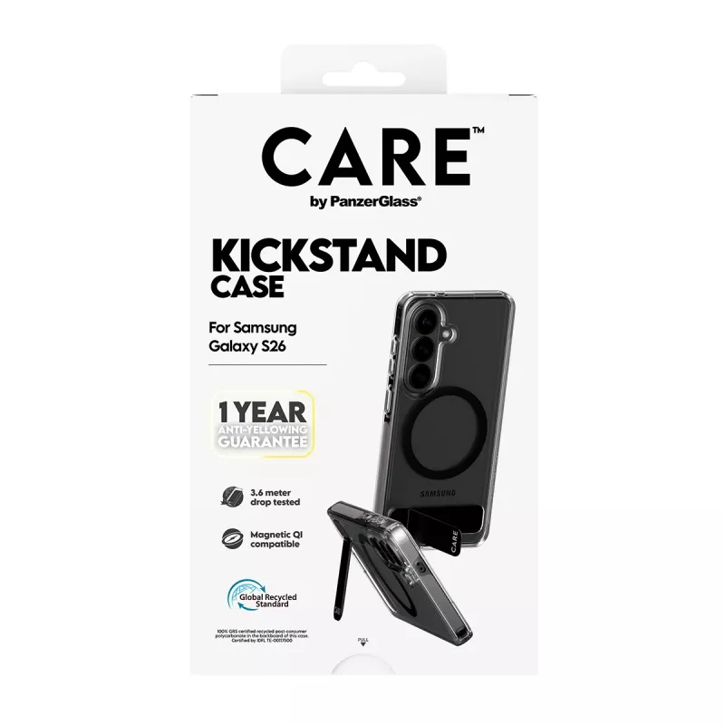 Custodia protettiva PanzerGlass CARE™ Urban Explorer Case per Samsung Galaxy S26, trasparente con supporto nero e supporto Qi
