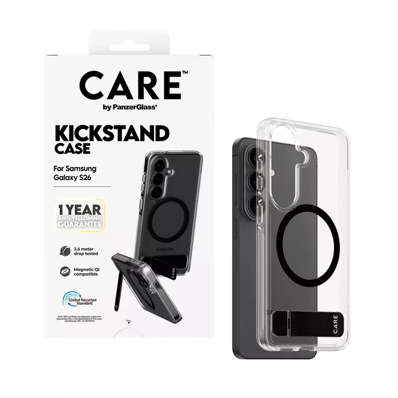 Custodia protettiva PanzerGlass CARE™ Urban Explorer Case per Samsung Galaxy S26, trasparente con supporto nero e supporto Qi