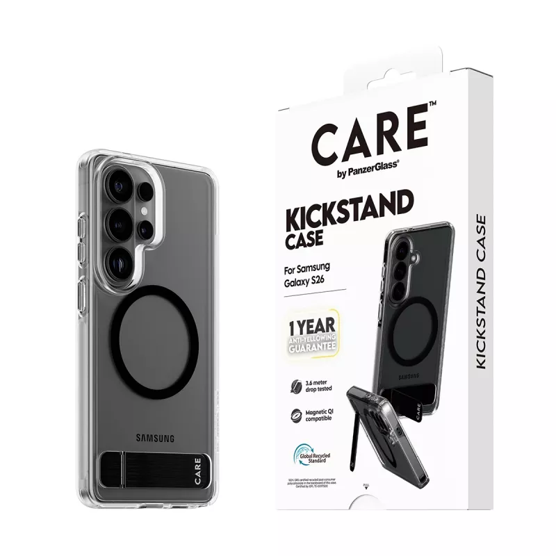 Custodia protettiva PanzerGlass CARE™ Urban Explorer Case per Samsung Galaxy S26, trasparente con supporto nero e supporto Qi