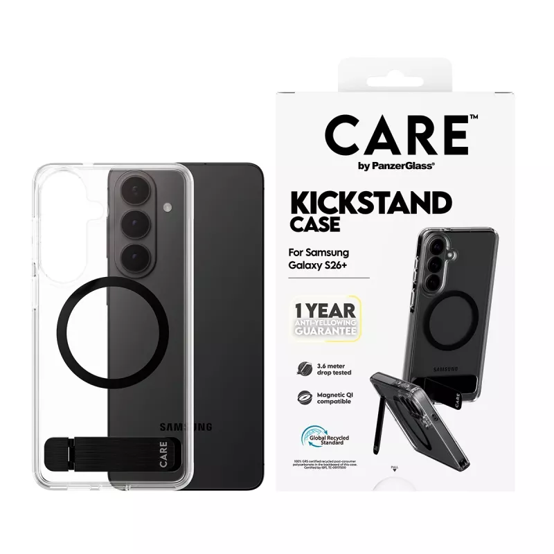 PanzerGlass CARE™ by ® custodia trasparente con kickstand nero e Qi Samsung Galaxy S26+