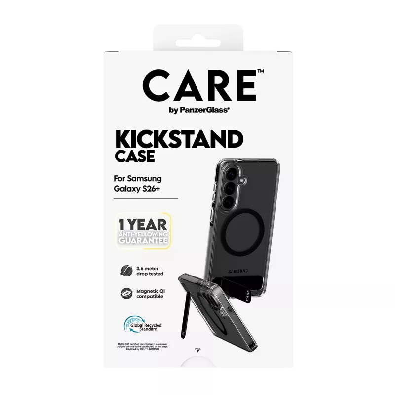 PanzerGlass CARE™ by ® custodia trasparente con kickstand nero e Qi Samsung Galaxy S26+