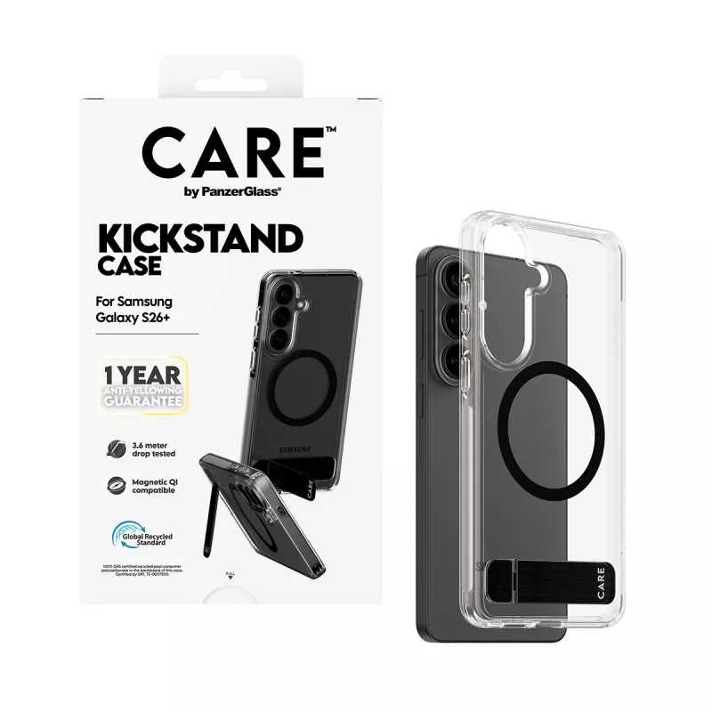 PanzerGlass CARE™ by ® custodia trasparente con kickstand nero e Qi Samsung Galaxy S26+