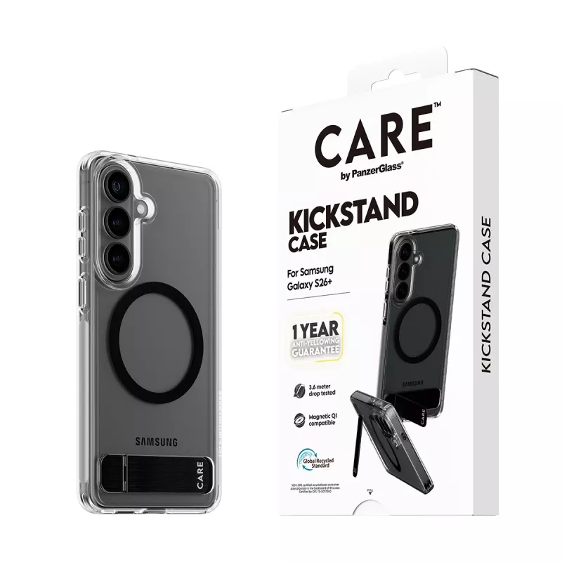 PanzerGlass CARE™ by ® custodia trasparente con kickstand nero e Qi Samsung Galaxy S26+
