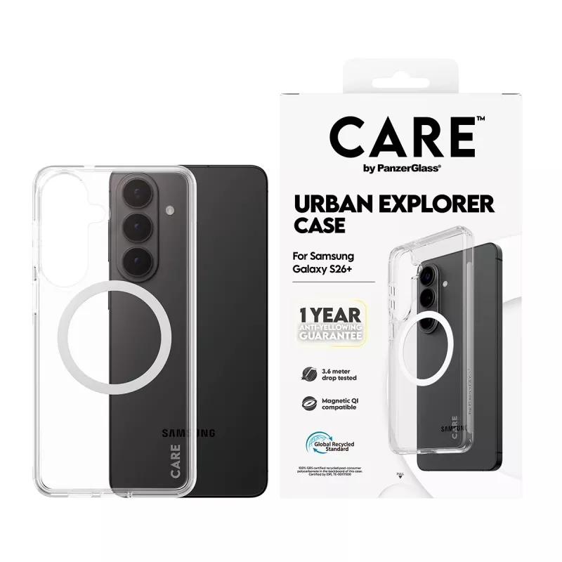 Custodia protettiva PanzerGlass CARE Urban Explorer Case per Samsung Galaxy S26+ — trasparente, bianco compatibile Qi