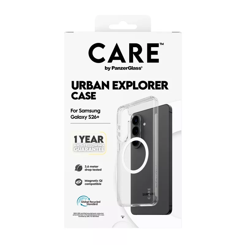Custodia protettiva PanzerGlass CARE Urban Explorer Case per Samsung Galaxy S26+ — trasparente, bianco compatibile Qi