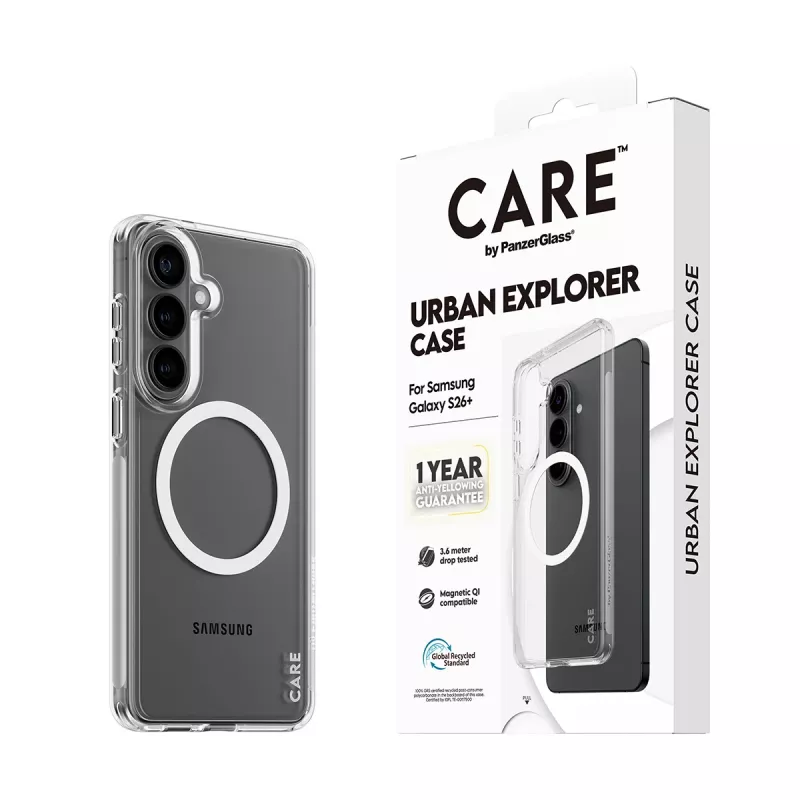Custodia protettiva PanzerGlass CARE Urban Explorer Case per Samsung Galaxy S26+ — trasparente, bianco compatibile Qi