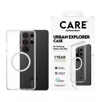 Custodia per cellulare PanzerGlass CARE™ by Urban Explorer — custodia trasparente con Qi bianco per Samsung Galaxy S26 Ultra