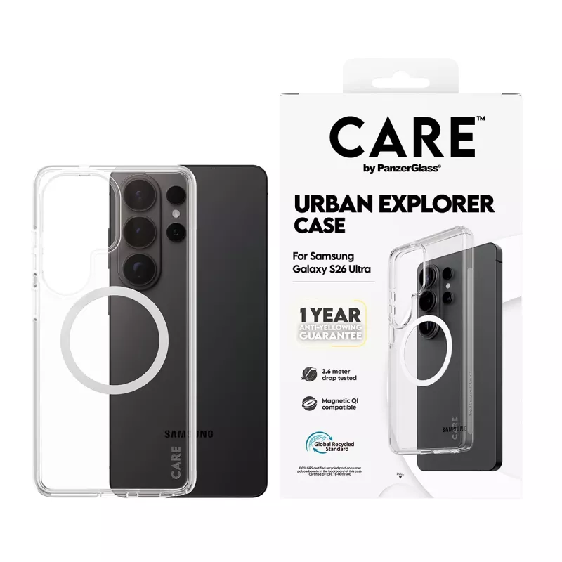Custodia per cellulare PanzerGlass CARE™ by Urban Explorer — custodia trasparente con Qi bianco per Samsung Galaxy S26 Ultra