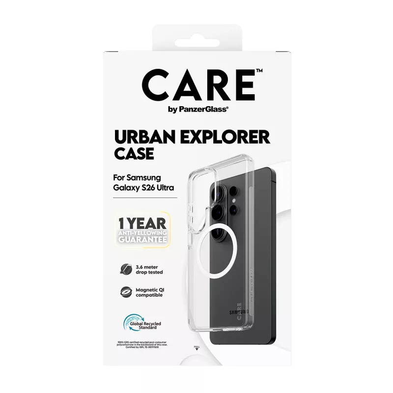 Custodia per cellulare PanzerGlass CARE™ by Urban Explorer — custodia trasparente con Qi bianco per Samsung Galaxy S26 Ultra
