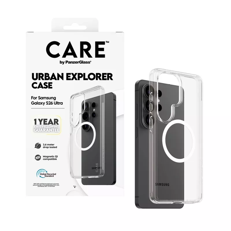 Custodia per cellulare PanzerGlass CARE™ by Urban Explorer — custodia trasparente con Qi bianco per Samsung Galaxy S26 Ultra