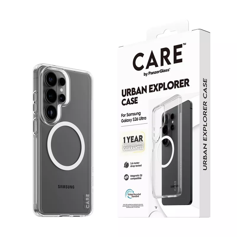 Custodia per cellulare PanzerGlass CARE™ by Urban Explorer — custodia trasparente con Qi bianco per Samsung Galaxy S26 Ultra